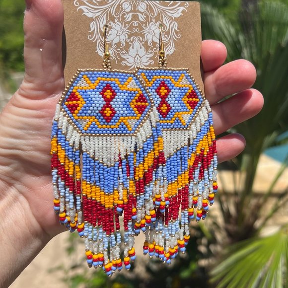 Aztec Style Artisan Beaded Earrings Southwest Long Fringe Tassel Dangle Drops - Picture 3 of 7